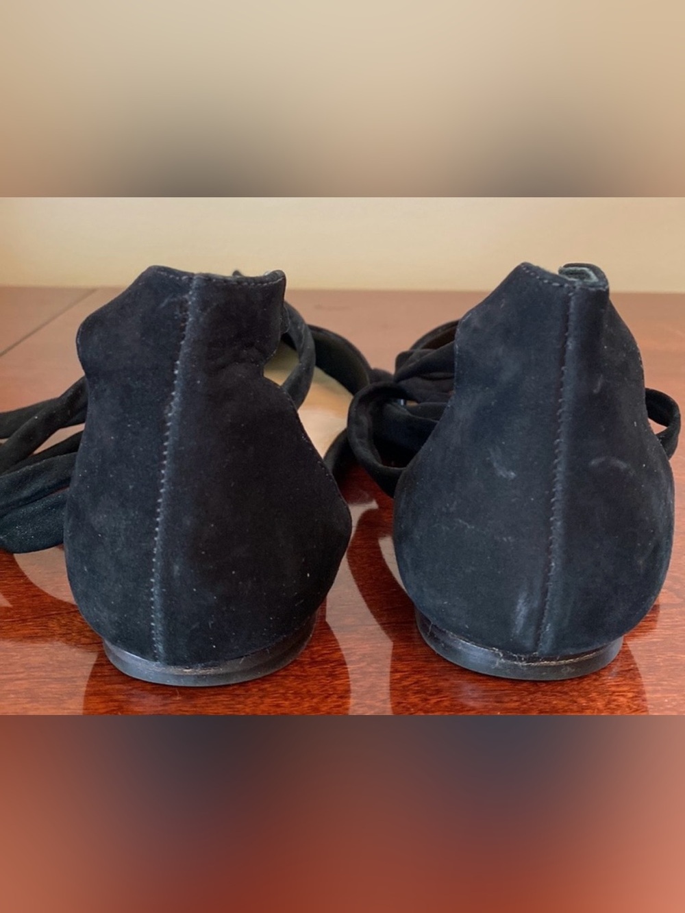 Vince Camuto Jevone Black Suede SZ 6 Balletcore Chic Strappy Tie Up Ankle Flats - Picture 10 of 11